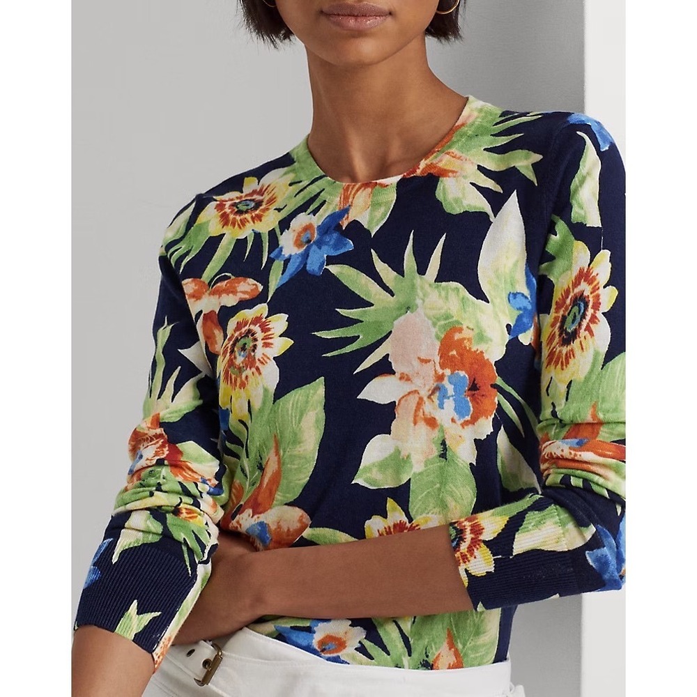 LAUREN RALPH LAUREN BLACK LABEL Navy Multicolor Lightweight Floral Sweater | XS